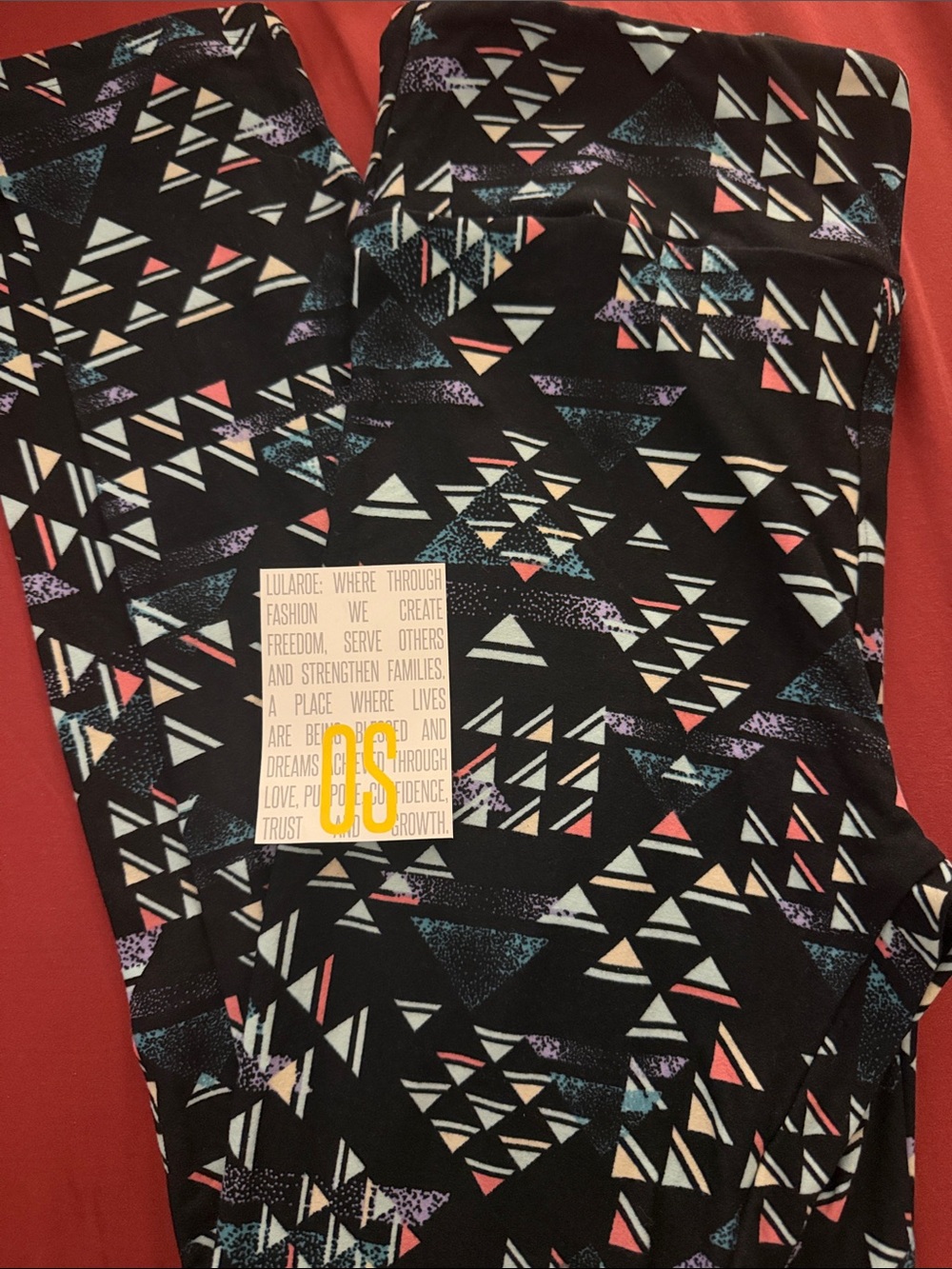 LuLaRoe OS Black Leggings with Pink, Blue, Cream & Purple Triangle Print